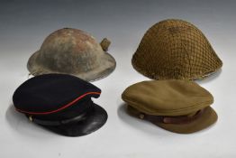Four British Army peaked caps, one khaki by Flights Ltd, Bond Street, London, the other No1 Dress