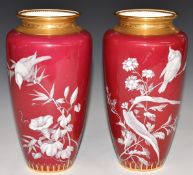Pair of Minton pate sur pate vases decorated with birds and flowers, H21cm