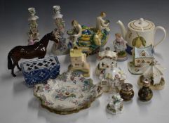 A pair of German figural porcelain candlesticks, Coalport and other pasitlle burners, Beswick