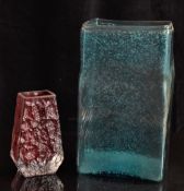 Whitefriars textured bark coffin vase in red together with a Whitefriars style vase in kingfisher