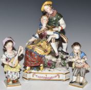 Continental porcelain figures including sweethearts with bird's nest, blue Vienna mark verso and two