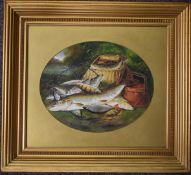 Henry Leonidas Rolfe (1847-1981) oil on board, the day's catch with creel and net including pike,