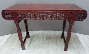Carved oriental hardwood altar-table with rolled ends,  W127 x D43 x H83cm