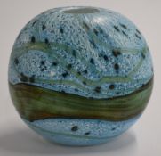 Gozo glass striated azure blue vase, signed to base, probably by Michael Harris, 9.5cm tall.