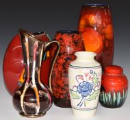 Retro pottery vases including Poole, Alan Clarke and West German examples, tallest 27cm
