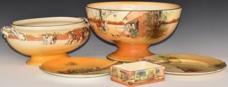 Royal Doulton Seriesware pedestal punch bowl, oval pedestal twin handled bowl, plates and box,