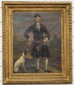 19thC oil on canvas of a man with shotgun and pointer dog, 41 x 32cm