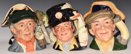 Six large Royal Doulton character jugs including Lord Nelson, Sir Francis Drake, Bligh of the