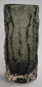 Geoffrey Baxter for Whitefriars textured bark sleeve vase in smoke grey, 23cm tall.