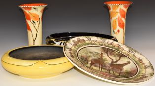 Art Deco and later ceramics and glass including a pair of Burleighware vases, Solian Ware footed