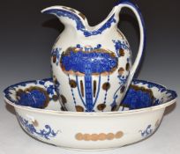 Blue and white jug and bowl with gilt decoration, H28cm