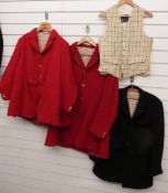 Three hunting jackets/pinks and a waistcoat, various manufacturers including Foxley, Pytchley and