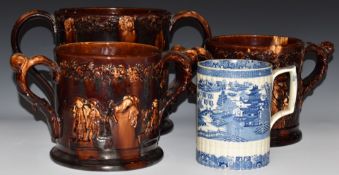 Three Rockingham oversized frog loving cups / tygs and a 19thC blue and white tankard, largest H22