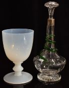 A c1900 decanter with applied glass snake, star cut base and silver collar, London marks rubbed,