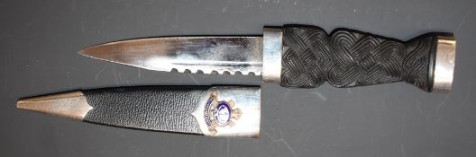 Sgian Dubh ceremonial knife with Liverpool Scottish badge and hallmarked silver sheath mounts