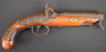 Joseph Bourne percussion hammer action pistol with named and engraved locks, engraved hammer,