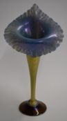 Okra glass pulpit vase with iridescent decoration, signed to base RPG 2002 Okra, 31cm tall.