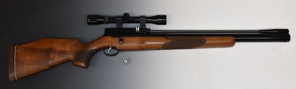 Webley Axsor .22 PCP air rifle with chequered semi-pistol grip and forend, raised cheek piece,