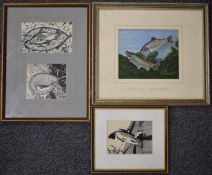 Bernard Venables (1907-2001) watercolour of two salmon, 17.5 x 21cm, together with three framed