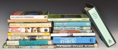 Collection of books on salmon and trout fishing including Salmon Fishing In Little Rivers, Reservoir