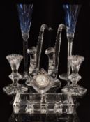 Eight pieces of Waterford Crystal comprising a pair of oversized blue champagne glasses, a pair of