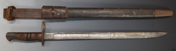 British WW1 Remington 1917 sword bayonet with leather scabbard and frog, G Bussey 1917 to scabbard