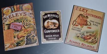 Three modern shop display or advertising boards, two Eley's Cartridges and one Hay, Merricks & Co'