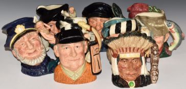Ten large Royal Doulton character jugs including North American Indian, Golfer, Trapper and Tam O'