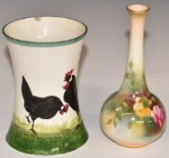 Royal Worcester blush vase with painted roses, H13.5cm, and a Wemyss pottery vase with cockerels,