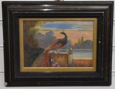 Harry Ayrton (Royal Worcester artist), watercolour of a peacock in a garden with lake beyond, signed
