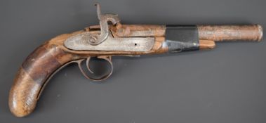 Percussion hammer action pistol with indistinct Eastern script engraved to the lock, chequered