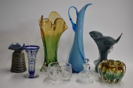 Eight pieces of clear and coloured glassware including two Murano vases, flash overlaid trumpet