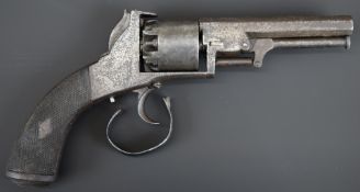 Webley style 120 bore six-shot open framed percussion revolver with engraved frame, chequered