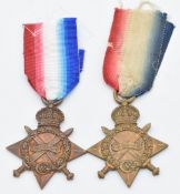 British Army WW1 medals comprising two 1914/1915 Stars named to 12680 Pte F Tillion and 2576 Pte E