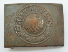 German WW2 Third Reich Nazi metal belt buckle with 'Gott Mit Uns' logo retaining some original