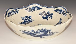 Worcester first period relief moulded pedestal bowl with gadrooned rim, decorated in the Pine Cone