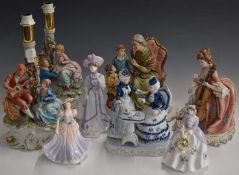 Three Capodimonte figures, a pair of Capodimonte figural lamps and three Royal Worcester