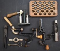 A collection of 16 bore shotgun re-loading and shooting accessories comprising capper and