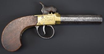 Unnamed percussion hammer action pocket pistol with engraved brass frame, engraved stylised