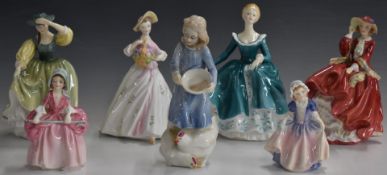 Six Royal Doulton figurines and one Royal Worcester, including Country Girl, Top O' The Hill, Bo