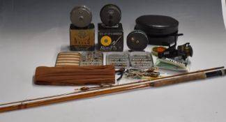 Two Wheatley fly fishing cases containing wet flies and nymphs, John R Gow, Dundee reel, J W Young