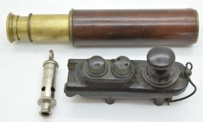 British WW2 era 'bath tub' morse code key, together with a three draw telescope by B.C & Co Ltd