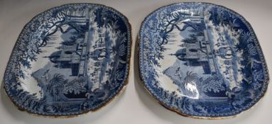 A pair of 19thC William Walsh blue and white transfer printed meat platters with Indian scenes,