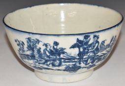 Worcester first period blue and white pedestal bowl decorated with chinoiserie scenes, D16 x H8cm
