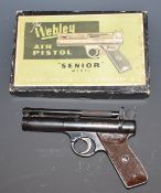Webley Senior .177 air pistol with named and chequered Bakelite grips, in box with targets