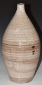 David Leach studio pottery vase, the ribbed bulbous body with mottled decoration, LD seal mark to