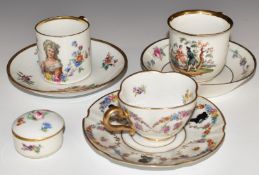 Three Meissen cups and saucers and covered trinket pot variously decorated with Watteau scenes,
