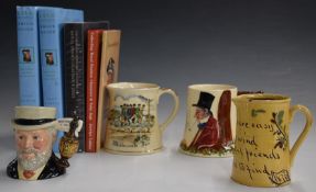 Crown Devon musical jugs, Sir Henry Doulton small character jug and books on collecting Royal