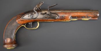 Belgian or French flintlock holster pistol with brass trigger guard, butt cap and mounts, wooden