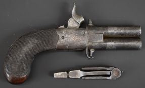 Unnamed double barrelled over and under percussion hammer action pocket pistol with folding trigger,